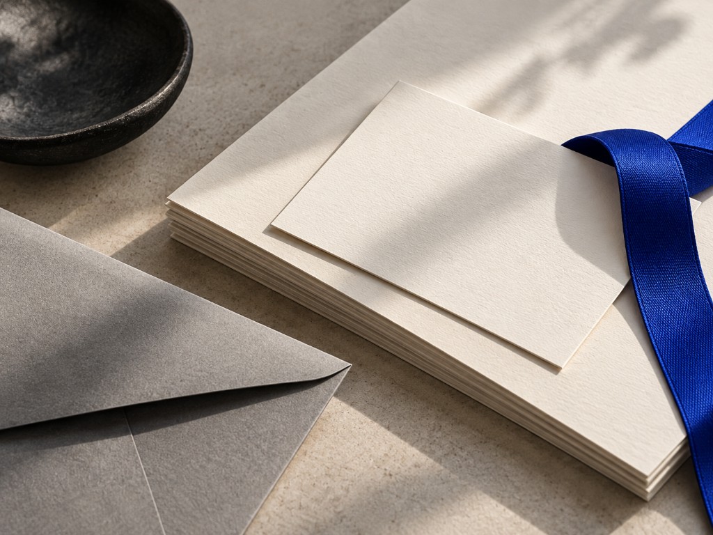 Papéis marfim, envelope e uma fita azul