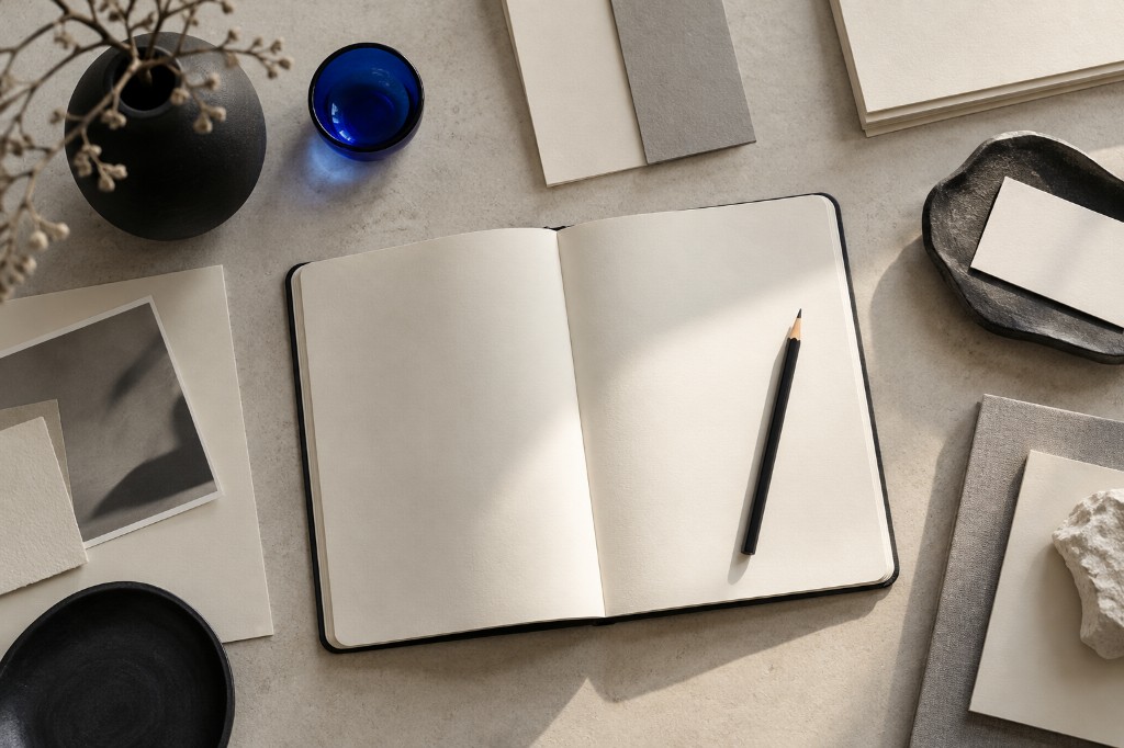 Caderno aberto, lápis e um copo azul sobre a mesa