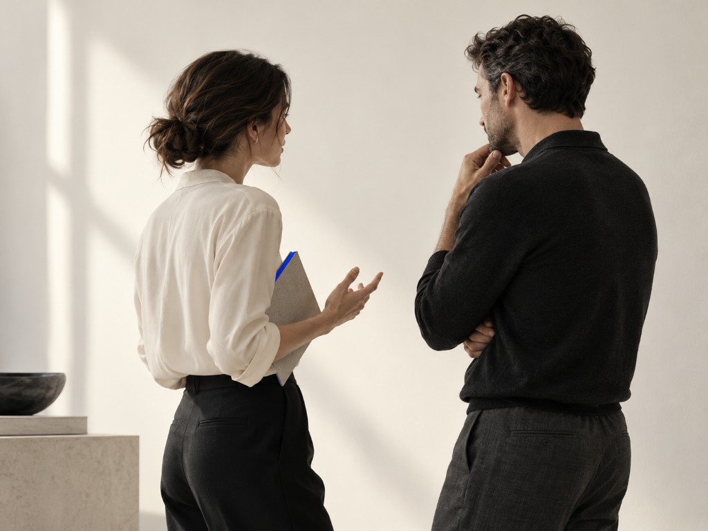 Duas pessoas conversando em uma reunião